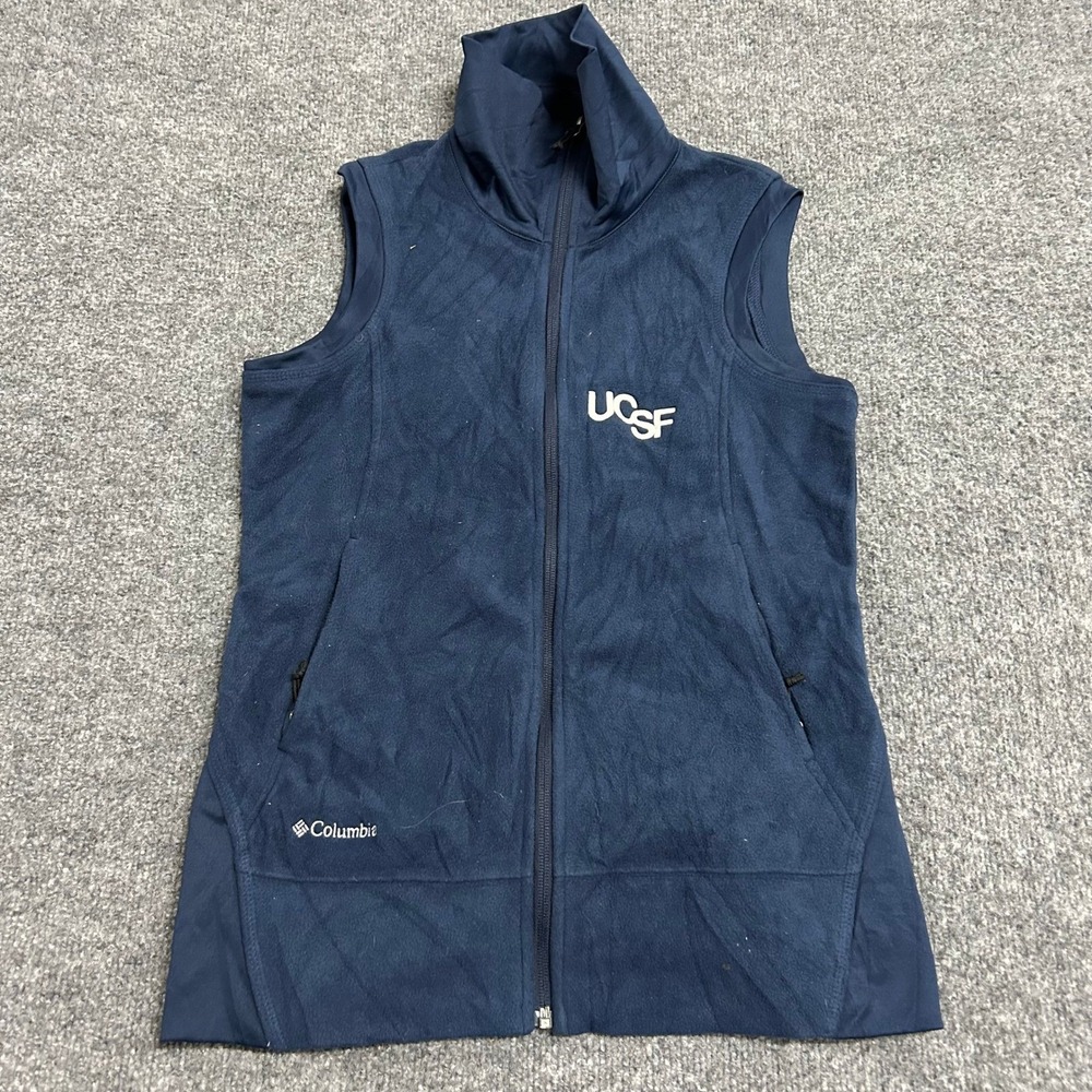Columbia Vest Womens Size M Navy Blue Fleece Full Zip UCSF Logo Athletic Pockets